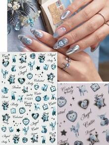 2 Sheets Retro Cute Cat & Angel Nail Art Stickers - Red & Blue Heart Rabbit Cross Star Nail Decals - Suitable For Music Festivals, Graduation, Parties And Spring/Summer Vacation DIY Decoration - Multicolor - View 5