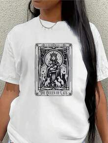 Camiseta de manga corta, ligera y duradera, con estampado de Cat Queen, perfecta para uso casual en casa, en cafeterías o en la oficina.blusa casual mujer - Blanco - Ver 1
