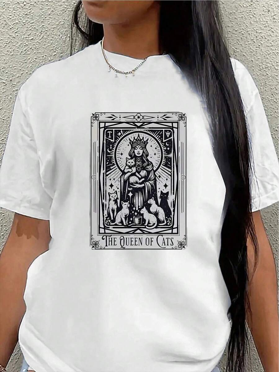 Camiseta de manga corta, ligera y duradera, con estampado de Cat Queen, perfecta para uso casual en casa, en cafeterías o en la oficina.blusa casual mujer - Blanco - Ver 1