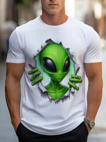 Men's Graphic Tee - White Top With Eye-Catching Green Alien Face - Lightweight And Breathable Fabric, Suitable For Casual And Formal Wear - Everyday Summer Tee - Machine Washable, Regular Fit, Fashionable Print, Durable Material, XBQG JMY5 Clothing - 白色 - 查看 6