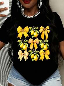Women's Casual Lemon And Bow Print T-Shirt, Summer Casual Top With Yellow Fruit And Bow Design For Daily Wear And Holiday Outfits. - 黑色 - 查看 7