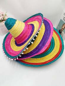 1pc Mexican Straw Hat, Woven Straw Hat, Fluffy Ball Straw Hat, Party Straw Hat, Performance Prop Straw Hat, Colorful Straw Hat, [Random Color] Party Straw Hat Performance Prop Colorful Hat - View 1