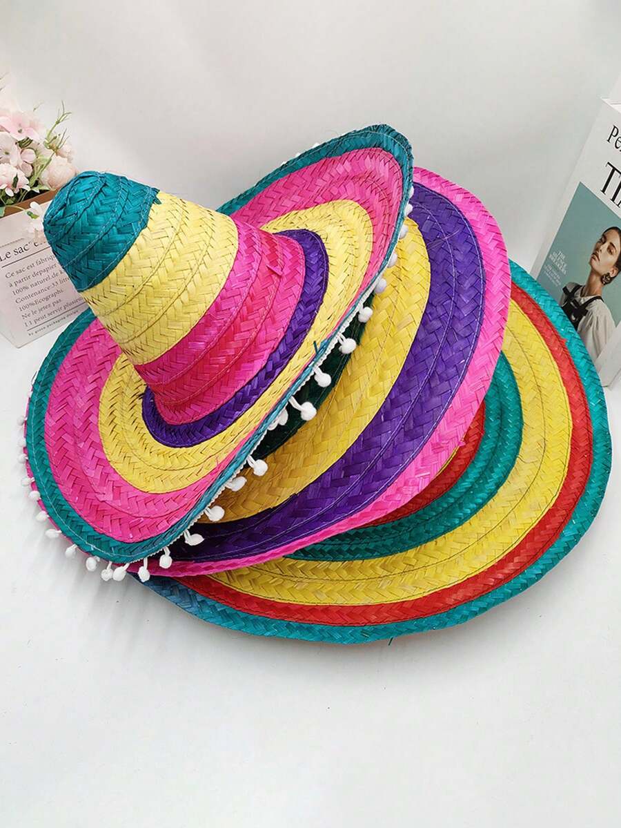 1pc Mexican Straw Hat, Woven Straw Hat, Fluffy Ball Straw Hat, Party Straw Hat, Performance Prop Straw Hat, Colorful Straw Hat, [Random Color] Party Straw Hat Performance Prop Colorful Hat - View 1