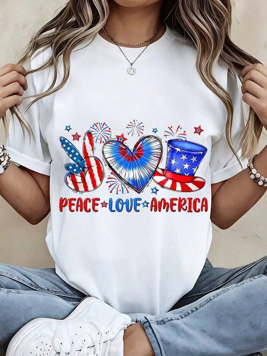 Women's Printed T-Shirt, Women's T-Shirt, Patriotic Peace, Love, And America Design With American Flag Heart And Uncle Sam Hat For Independence Day Celebration. Summer T-Shirt. - 白色 - 查看 1
