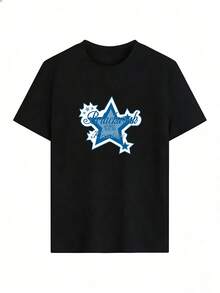 Blue Star T-Shirt With Printed Text, Fashionable Short-Sleeved T-Shirt For Spring And Summer 2026, Made In Mexico, 180 Grams. Cartoon Print, Couple Design, Suitable For Indoor Or Outdoor Wear. Crew Neck, Unisex, Ideal For Office And Leisure. One-Pack. - BK-P631577SLNDXZGY643 - 查看 2
