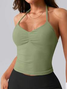NcmRyu 1pc Women's Solid Color Adjustable Spaghetti Strap V-Neck Ruched Open Back Sports Camisole - Green - View 3