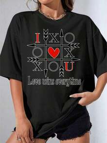 Women's Black And White T-Shirt With Tic-Tac-Toe Print And "I Love You" Text For Casual Wear And Romantic Outfits, Ideal For Outdoor Parties, 220g Casual Printed T-Shirt. - 黑色 - 查看 3