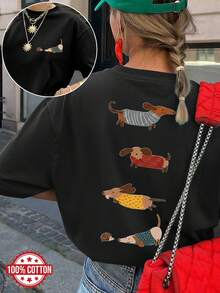 Fashionable Women's Double-Sided Print T-Shirt, Summer Clothes For Women, Cute Style, Sweater Print With Puppy And Hedgehog Design, Round Neck, Short Sleeve, Dropped Shoulders, Loose Fit T-Shirt, Winter Clothes For Women. - 黑色 - 查看 1