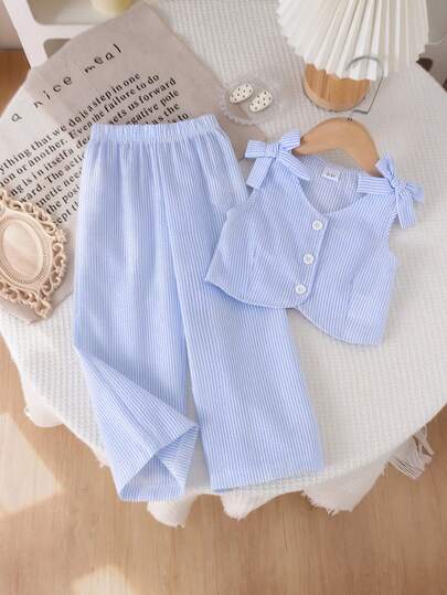 2pcs Girls (Small) Refreshing Blue Striped Vest Cardigan + Pants Set, Thin Summer Business Style
