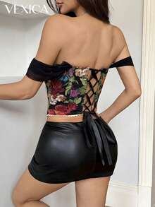 Vexica Women's Fashion Bustier Crop Top, Featuring Off-Shoulder Neckline And Asymmetric Regular Length Sleeveless Design, Adorned With Delicate Contrast Lace Details, Elegant Ladies Blouse, White For New Year Outfit, Pink Top, Christmas - Black - View 8