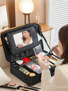 Túi đựng mỹ phẩm dung tích lớn - Túi đựng đồ trang điểm du lịch xách tay - Túi có ngăn đựng hình xăm, dụng cụ làm móng và mỹ phẩm - 3 ngăn có dây đeo vai (tay cầm bằng PU và thanh tay cầm có dây đeo vai) - Túi đựng dụng cụ chống thấm nước và chống mài mòn - màu đen - Xem 6