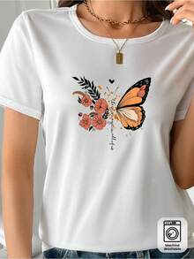 Women's Casual T-Shirt With Butterfly And Flower Design - Hand-Painted Design, Soft Pure Cotton Fabric, Short Sleeves, Round Neck, Breathable Summer Top, Machine Washable, Perfect Gift For Her, Suitable For All Seasons. IJWL - White - View 2