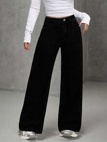 Teens' Fashionable Straight Loose Wide-Leg Casual Jeans, Suitable For All Seasons - Black - View 1