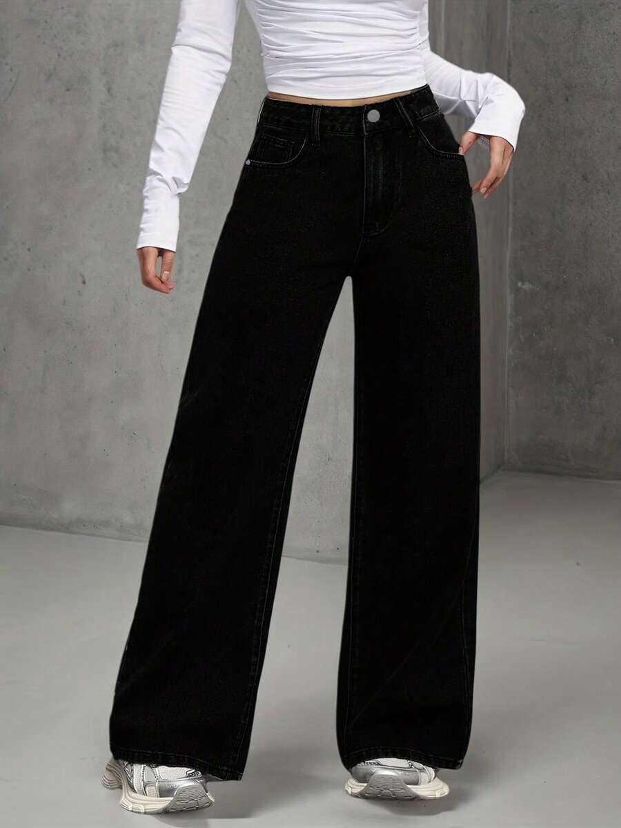 Teens' Fashionable Straight Loose Wide-Leg Casual Jeans, Suitable For All Seasons - Black - View 1