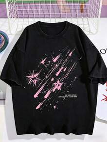 Women's Casual Loose Fit T-Shirt With Pink Star And Meteor Print, Breathable And Comfortable, Short Sleeve, Round Neck, With Inspirational Phrase "A Calm Mind", Soft Cotton, Perfect For Everyday Wear And Urban Flirty Style - 黑色 - 查看 7