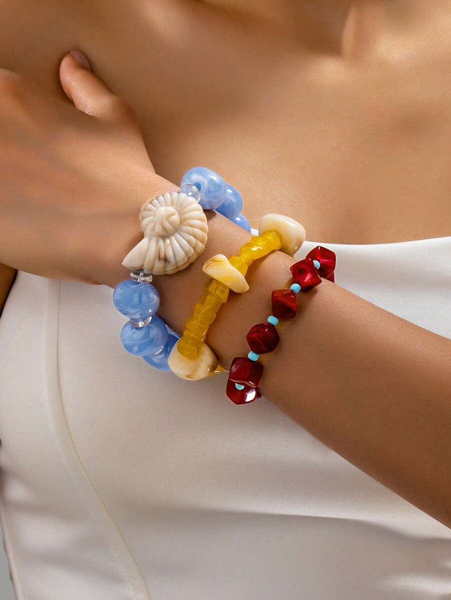 1pc/3pcs Summer Vacation Asymmetrical Beaded Elastic Bracelet, Beach Bohemian Shell Beaded Bracelet, Colorful Y2K Unique Jewelry For Women Daily Wear - Beaded Bracelet - View 1