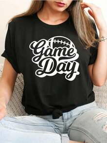 New Fashionable Women's Round Neck T-Shirt, Modern And Minimalist Design, Summer Clothes For Women, Cotton T-Shirt With Game Day Print For Women - Casual Short Sleeve Round Neck T-Shirt, Breathable Polyester, Machine Washable - Perfect For Spring And Summer, Protective Phone Case, Women's Holiday Clothes, Casual For Everyday Wear, Versatile Design Ready For Summer. - 黑色 - 查看 1