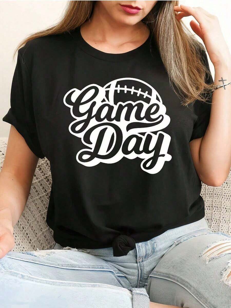 New Fashionable Women's Round Neck T-Shirt, Modern And Minimalist Design, Summer Clothes For Women, Cotton T-Shirt With Game Day Print For Women - Casual Short Sleeve Round Neck T-Shirt, Breathable Polyester, Machine Washable - Perfect For Spring And Summer, Protective Phone Case, Women's Holiday Clothes, Casual For Everyday Wear, Versatile Design Ready For Summer. - 黑色 - 查看 1
