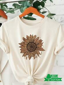 Women's Casual Blouse, Simple Style For Everyday Wear, Round Neck T-Shirt With Letter And Anime Print, Simple Design, Comfortable And Breathable, Suitable For Everyday Casual Wear, Showing A Natural And Elegant Style, A Must-Have For Summer Parties, Local Shipping. Short Sleeve Top With Sunflower And Leopard Print, Comfortable, Soft, Simple For Everyday Wear. - 杏色 - 查看 7