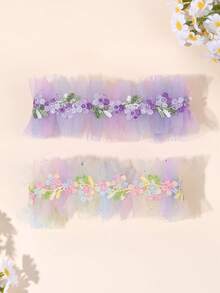 2件套网纱刺绣发带，乡村风刘海固定发带，优雅少女发饰 - 彩色 - 查看 1
