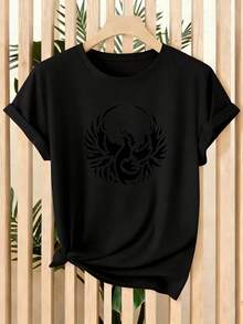 Limited Time Offer, Limited Quantities, Flash ! Women's Casual Shirts, Women's Polyester T-Shirts, Elegant Shirts. Women's Short-Sleeve T-Shirt With Phoenix And Crescent Moon Design - Casual Crew Neck Blouse, Machine Washable, Summer Essential For Casual Outfits, Office, Or Special Occasions - Stylish Phoenix Print For Skin Tones - 黑色 - 查看 9