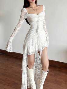 AltGoth Mall Goth Fairycore Dress Women Vintage Aesthetic Elegant Sweet Sexy See Through Irregular Hem High Waist Corset Dress Sheer Lace Up Back Floral Print Adjustable Bodice Ruffle Tiered Midi Length - 黑色 - 查看 6
