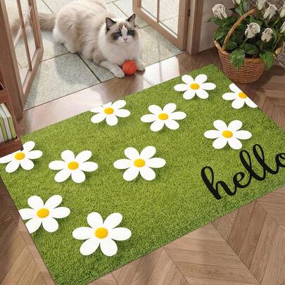 1pc Daisy Pattern Doormat, Polyester Drainage Mat, Suitable For Kitchen, Living Room, Entrance, Balcony, Home Decor, Anti-Slip, Coffee Shop, Bar, Holiday, Party, Bedroom, Pet Mat, Bathroom Decor, Room Decor, Kitchen Decor