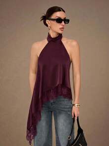 Tall Top de camisola sin espalda con adorno de encaje elegante, blusa sin mangas de satén con parches sexy para fiestas, cócteles, ocasiones formales, Navidad, casual de negocios - Burdeos - Ver 6
