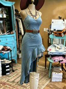 Vestido de mezclilla con escote en V asimétrico y tirantes finos para mujer - Azul - Ver 4