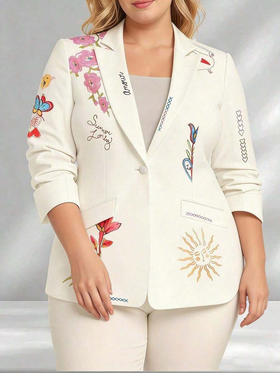 de manga larga con estampado floral y bolsillos, elegante y casual, adecuado para todas las estaciones, talla grande, color negro de primavera - Blanco - Ver 1