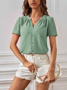 Blusa casual de mujer de unicolor con cuello en V y manga corta - verde menta - Ver 6