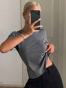 Camiseta de manga corta de mujer de cuello redondo de unicolor básica blanca, para primavera/verano, estilo casual empresarial - Gris Oscuro - Ver 8