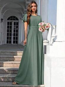 Vestido de dama de honor de gasa con volantes y mangas cortas con volantes, cuello de barco, estilo elegante para boda, color eucalipto - eucalipto - Ver 5