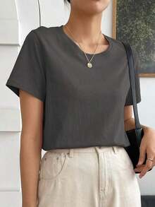 Camiseta Sólida Con Cuello Redondo - Gris Oscuro - Ver 3