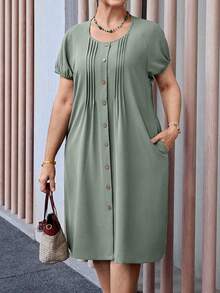 Vestido casual de mujer talla grande de unicolor, cuello redondo, manga corta, abotonado y con bolsillo - Verde 2 - Ver 7