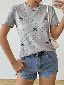 Camiseta casual, suelta, de cuello redondo y manga corta para mujer, primavera/verano - Gris - Ver 6