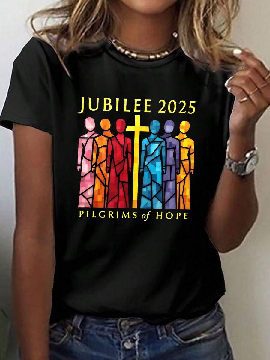 JUBILEE Pure Cotton T-Shirt, Minimalist Casual Shirt, Hope Journey Print T-Shirt, Short Sleeve Round Neck Casual Top, Suitable For Summer And Spring, Women's Clothing. - 黑色 - 查看 1
