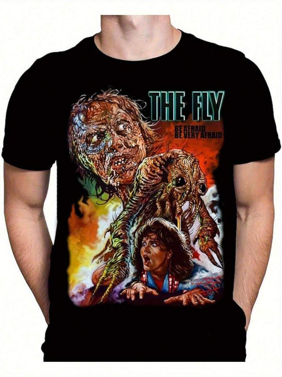 1pc Unisex T-Shirt With Graphic Print Of The Horror Movie "The Fly", Crew Neck, Short Sleeve, Loose Fit, Casual Outdoor Wear, Classic Horror Movie Print - 黑色 - 查看 1