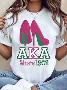Camiseta de Mujer Aka Sorority con Estampado de Tacones Altos y Letras, Cuello Redondo, 220g Algodón, para Fiestas Universitarias, Regalos, Diseño Aka Desde 1908, Transpirable y Cómoda - Blanco - Ver 6