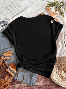Camiseta de manga corta con cuello redondo para mujer, estampado de girasoles, suave y con caída, adecuada para uso diario, oficina, escuela, vacaciones, camping, de estilo versátil, que hace que tu verano sea más vibrante y colorido. - Negro - Ver 3