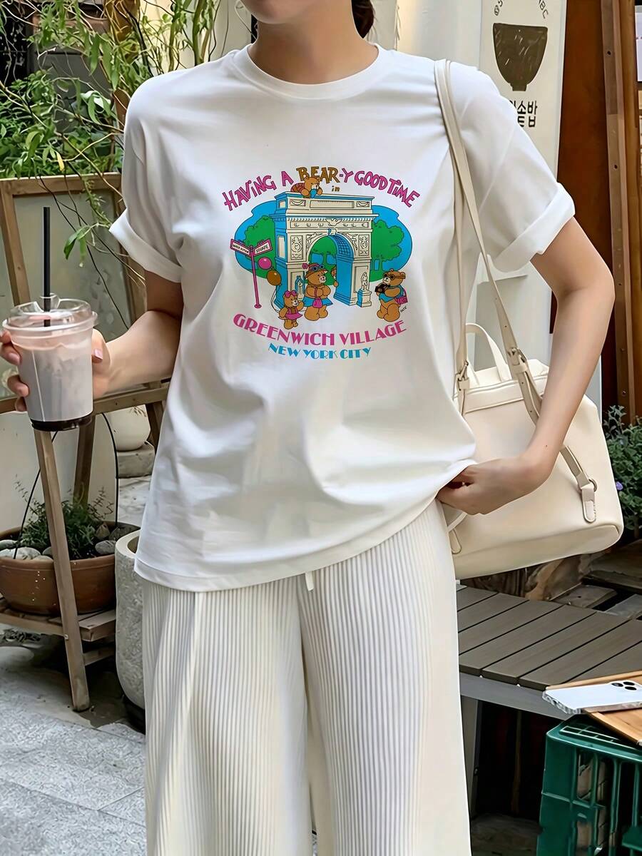 Women's Short-Sleeved T-Shirt With Cartoon Anime Print, Versatile And Stylish - White - View 1