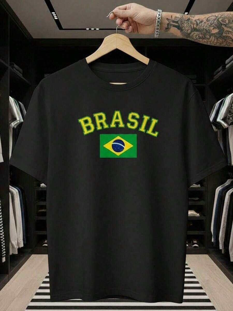 Brazil Unisex Fan T-Shirt 100% Cotton Brazilian National Football Team Unisex Short Sleeve Crew Neck Casual Brazil World Cup Premium Soft Cotton - 黑色 - 查看 1