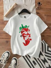 Ropa de Mujer; Camisetas de Verano; Camiseta de Algodón Puro SWBG con Estampado de Pimiento Rojo Picante - Ideal para Amantes de la Comida Mexicana - Blanco - Ver 2