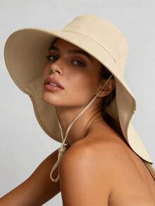 1pc New Neck-Protecting Sun Hat, Women's Sun-Shielding, Face & UV Protection, Large Brim, Casual Polyester Solid Color Outdoor Hat, Suitable For Spring/Autumn Outdoor Activities & Gatherings - Multicolor - View 2