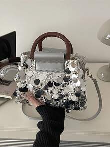 Silver Women's Crossbody Bag Set With Mini Pouch, Fashionable Metallic Texture Shoulder Handbag, 2026 Small Square Women's Bag, Minimalist PU Leather Wallet, Fashionable Chain Strap Messenger Bag For Daily Outings, Shopping, Parties, Lightweight Luxury Designer-Inspired Tote Clutch, Elegant Y2K Street Style For Office, Dates, Vacation, Dinner, Gift Bag - Multicolor - View 3