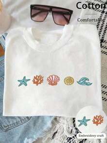 Women's T-Shirt With Adorable Sea Creature Embroidery - Unisex Urban Vintage Style, Loose Fit, Cotton, Short Sleeve, Round Neck, 100% Cotton - 白色 - 查看 1