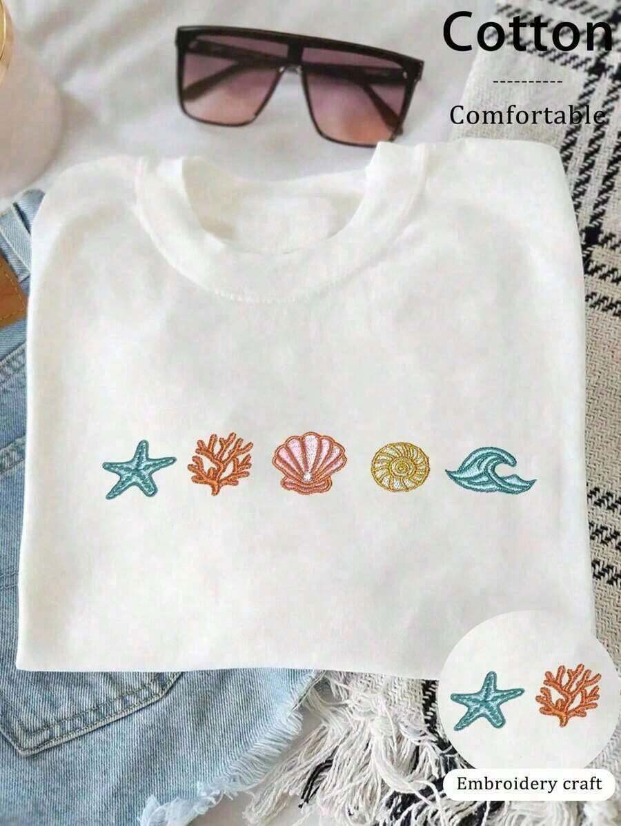 Women's T-Shirt With Adorable Sea Creature Embroidery - Unisex Urban Vintage Style, Loose Fit, Cotton, Short Sleeve, Round Neck, 100% Cotton - 白色 - 查看 1