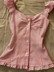 Blusa de mujer con volantes y rayas de solapa única - Rojo y blanco 2 - Ver 4