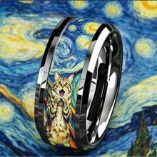 8mm Steel Color Tungsten Carbide Beveled Edge Ring, Printed With Scream Style Cat Parody Pattern, Playful Artistic Personalized Ring, Comfortable Fit Unisex Jewelry, Suitable As Gift For Cat Lovers - Silver - View 3