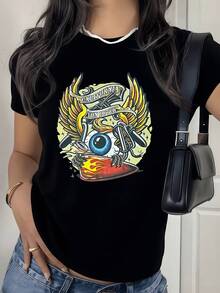 A Blue Eye With Golden Wings Symbolizes Freedom And Inner Perception, Accompanied By Fire Representing Energy And Passion, Along With Tools Evoking Strength And Creativity. A Modern, Casual, Comfortable Women's T-Shirt For Everyday Wear. - 黑色 - 查看 1